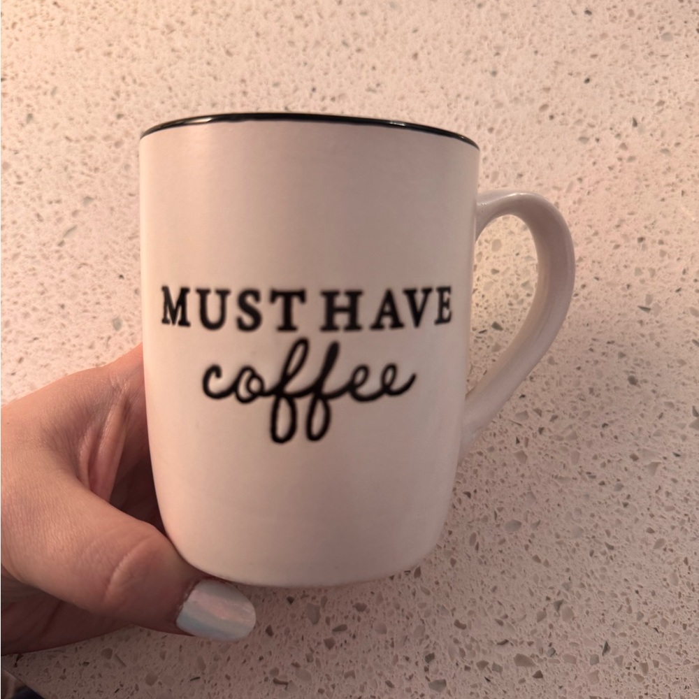 White Coffee Mug with Black Text